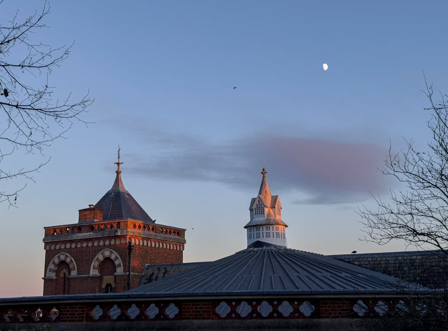 A daytime view of the rooftops of historic brick buildings with distinct spires and decorative cornices, set against a clear blue sky. The structures feature weathered red brick masonry with white accents, arched windows, and ornate detailing. The foreground includes the edge of a grey metal roof with a small chimney, while leafless trees frame the scene on both sides. In the sky above, the waning moon is visible, along with a small dark bird flying through the air. The overall scene captures the architectural character of a traditional town or cityscape, with an emphasis on the rooftops and the open sky. This type of environment is often associated with urban areas that might require external rubbish collection or management services, such as those offered by Waste Collection Harrow, supporting private waste handling methods in addition to municipal collections.